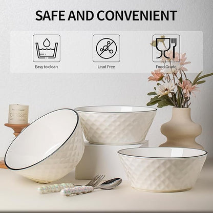 Yeacccng Ceramic Soup Bowls Set of 3, 46oz Deep Soup Bowls, Scratch-Resistant, Lead-Free, 8 inch Diamond Pattern Soup Bowl for Oatmeal,Salad,Pasta,Soups,Dessert,Fruits, Dishwasher & Microwave Safe