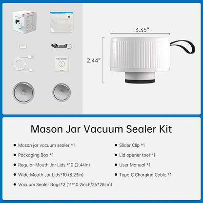 Electric Mason Jar Vacuum Sealer Kit, 3-in-1 Handheld Automatic Vacuum Sealer for Mason Jars, Canning Sealer Machine for Jars, Containers, Vacuum Bags | Present for Mom, White
