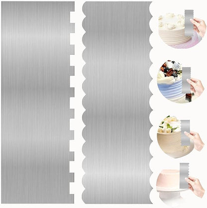 2 Pcs Stainless Metal Cake Scraper Smoother Double Sided Patterned Edge Cake Decorating Supplies Spatula Frosting Icing Tools Comb for Icing Cakes Buttercream Decorating
