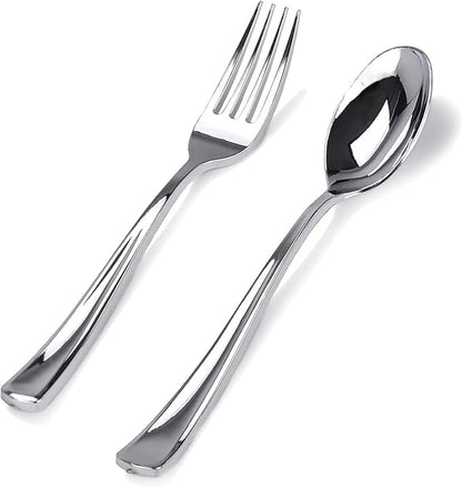 BUCLA 200 Pieces Silver Plastic Silverware - Heavy Duty Disposable Cutlery set - 100 Silver Plastic Forks, 100 Disposable Spoons for Catering, Parties, Dinners, Weddings and Christmas