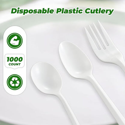 1000PCS Disposable Plastic Spoons Silverware Bulk Soup Spoon White Reusable Heavy Duty Disposable Cutlery Plastic Utensils Flatware for Home Restaurant Party Picnic Camping Travel (Soup Spoon-1000pcs)