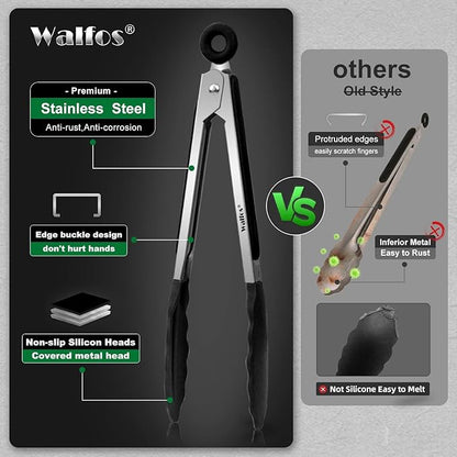 Walfos Small Silicone Tongs for Cooking- 7 inch Mini Kitchen Tongs with Silicone Tips, Great for Cooking, Turning, Serving, Food tongs Set of 3