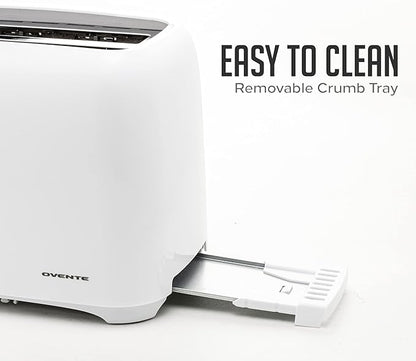 OVENTE Electric 2 Slice Toaster Machine with 6-Shade Browning Selector Setting, Compact Design and Removable Crumb Tray, 700W Power Perfect for Toasting Bread, Thin Bagels and Waffles, White TP2210WGY