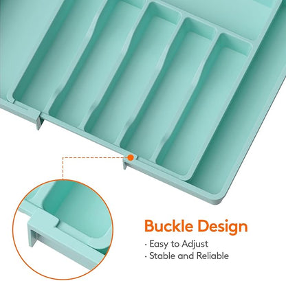 Lifewit Silverware Drawer Organizer, Expandable Utensil Tray for Kitchen, BPA Free Flatware and Cutlery Holder, Adjustable Plastic Storage for Spoons Forks Knives, Large, Turquoise