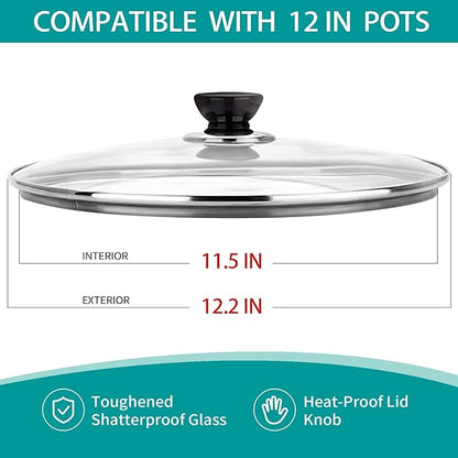 12 Inch Pan Lid, Universal Replacement Pot Lid for Frying Pans, Cast Iron Skillets, Tempered Glass Pan Cover with Steam Vent