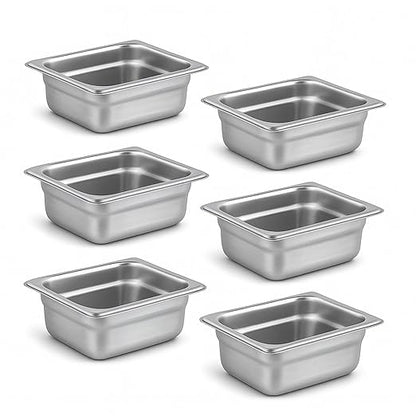 1/6 Hotel Pans 2.5 Inch Deep Stainless Steel Food Pan - Anti-Jam 6 Pack Steam Table Pan Set for Catering, Buffet Use, Kitchen Prep