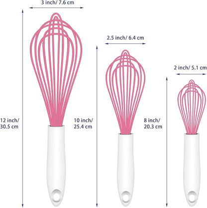 Pink Silicone Whisk, Sealed Waterproof Design Set of 3, Professional Kitchen Whisks for Cooking Non-Scratch, Silicone&Stainless Steel Whisk, Heat Resistant 480°F Rubber wisk, BPA free