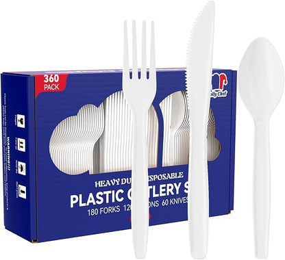 JOLLY CHEF 360 Count White Plastic Silverware Heavy Duty, 180 Forks, 120 Spoons, 60 Knives, Heat ResistantPlastic Utensils Set, Disposable Cutlery set, Premium Clear Utencils for Party, Thanksgiving
