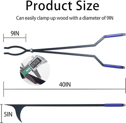 40” Heavy Duty Fire Tongs Set Firewood Grabber with Scissor Shape Serrated, Large Fire Pit Tool Outdoor/Indoor Bonfire Campfire Fireplace Tongs, A Pair of Gloves
