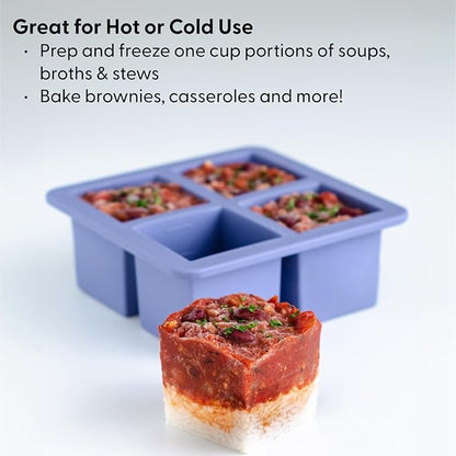 W&P Cup Cubes Silicone Freezer Tray with Lid, Charcoal, Makes 4 Perfect 1-Cup Portions, Freeze & Store Soup, Broth, Sauce, Leftovers, Dishwasher Safe, 4-Cup