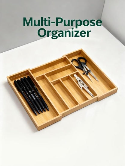 QUEENKAY Bamboo Expandable Drawer Organizer for Utensils Holder, Wood Drawer Dividers for Silverware, Flatware, Knives in Kitchen, Bedroom, Living Room