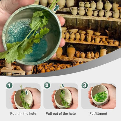 Pottery Herb Stripper Bowl, 2025 Upgrade Pottery Herb Stripper Cup Ceramic Herb Peeling Cup, Handmade Different Round Hole Sizes Suitable for Peeling Off The Leafy Assembly (B)