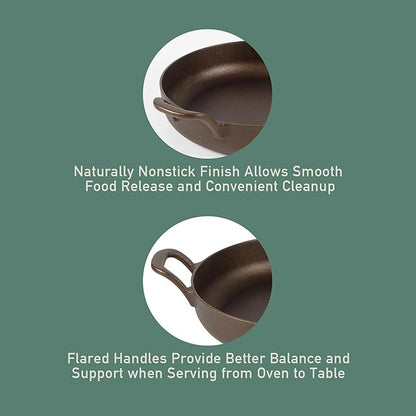 Bloomhouse Natural Bronze Finish 10-Inch Cast Iron Skillet with Long Handle, Helper Handle & Olive Wood Trivet – Olive Oil Treated Fry Pan, Oven & Stovetop Safe