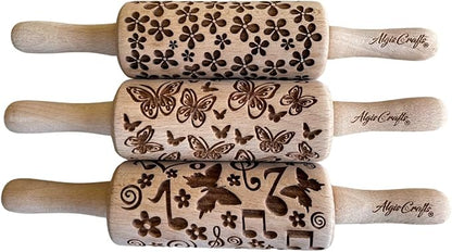 SUMMER 3 KID Rolling Pin SET. Wooden Laser Cut Mini Rolling Pins for cookies, play dough, salt dough or clay Butterfly, Music Flower by Algis Crafts
