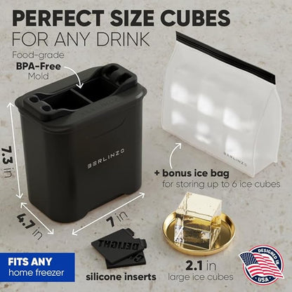 Berlinzo Premium Clear Ice Cube Maker with Conversation Ice Prints – 2 Large 2.1" Crystal Clear Ice Squares – Giftable Idea for Party, Game Night & Just for Fun – Includes Storage Bag (Non-Electric)