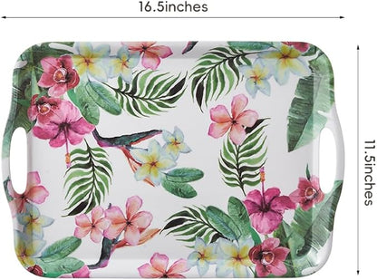 Blue Boat 16.5" x 11.5" Rectangular Melamine Serving Tray Set of 2 Blossom, Light Weight Easy to Clean Sturdy Stackable Serving Tray with Handle, Fruit, Snacks, and Desserts Trays, TV Trays