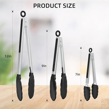 NileHome Tongs for Cooking, Professional Stainless Steel Cooking Tongs – Heat-Resistant for Grilling, BBQ, Serving Salad, Pasta, and Kitchen Use, Dishwasher Safe, Set of 7" 9" 12", Black