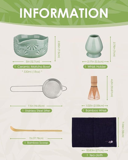 Matcha Whisk Set, Ceramic Matcha Set Includes Matcha Bowl with Spout, Matcha Whisk and Holder, Bamboo Scoop, Sifter and Tea Towel - 6 Pcs Matcha Kit Gift for Matcha Lovers (Green)