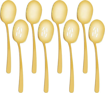 8 Pieces Extra Large Serving Spoons Set, 11 Inch Serving and Slotted Spoon, Stainless Steel Cooking Spoons, Serving Utensils for Kitchen Buffet Parties (Gold)