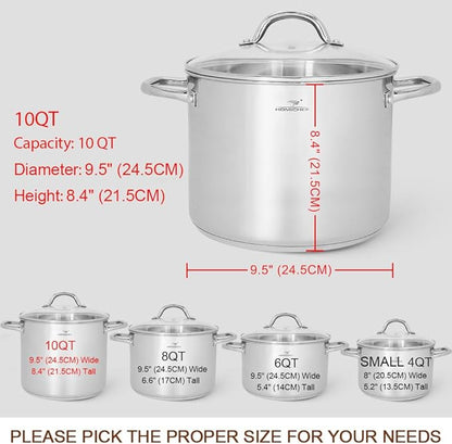 HOMICHEF 10 Quart Stock Pot With Glass Lid - Nickel Free Stainless Steel 10 Qt Pots With Handle - Mirror Polished StockPot 10 Quart - Induction Cooking Pots With Lid - Healthy Soup Pot