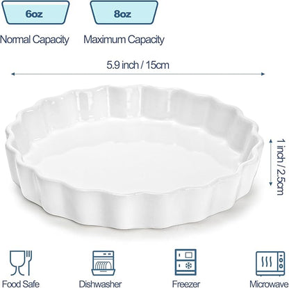 Foraineam 6 Pack 8 Ounce Porcelain Creme Brulee Ramekins Mini Fluted Quiche Dishes, 6 Inch Tart Pan Round Pie Plates for Baking, Dishwasher and Oven Safe
