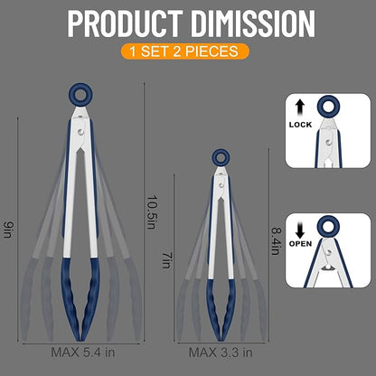 HOTEC Premium 7 & 9 Inch Kitchen Tongs, Stainless Steel Locking Cooking Tongs with Silicone Tips, Non-Scratch & Heat Resistant, Serving Tongs for Salad, BBQ, Classic Blue, Set of 2