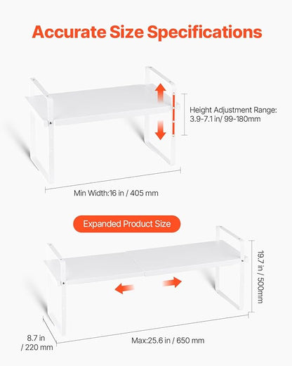 VEVOR Adjustable Kitchen Cabinet Shelf Organizer, Expandable 2 Tier Cabinet Shelf, Stackable Countertop Organizers and Storage Risers, Pantry for Kitchen Bathroom Office, White