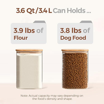 ComSaf 3.6 Qt Glass Food Storage Containers Set of 2, Large Storage Containers with Lids, Square Glass Jars with Lids, for Flour and Sugar, Cereal, Rice, Pasta, Oats, Coffee Beans