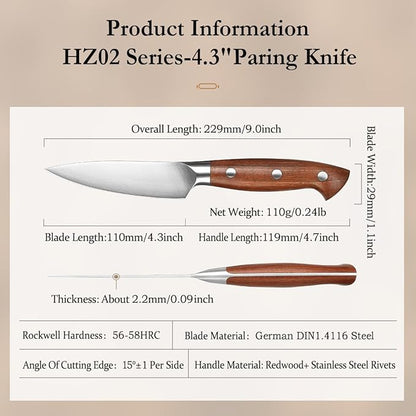 HEZHEN 4.3 inch Blade Paring Kitchen Knife,High-Carbon 1.4116 German Steel Cutlery, Ergonomic Red Wood Handle Petty Knives for Home Chefs, Ultimate Paring Knife for Utility Tasks