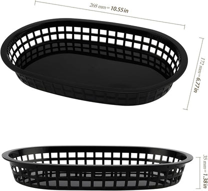 30 Pack 10.5x6.7x1.3 Inch Black Plastic Fast Food Baskets, Restaurant Serving Baskets, Flat Oval Fast Food Serving Basket for Picnic, Deli Serving, Chicken, Burgers and Fries