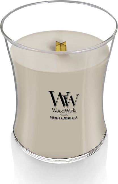 WoodWick Tonka & Almond Milk Gifts for Women and Men, 9.7 oz Medium Hourglass Candle with Crackling Wick
