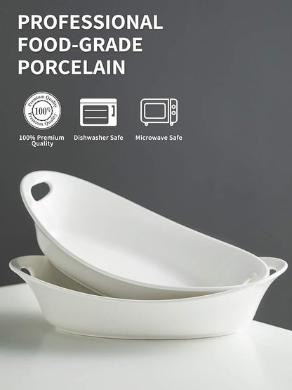 YHOSSEUN Large Serving Bowl with Handles, 1.5 Quarts Oval Serving Platter for Turkey, Thanksgiving Serving Dishes for Entertaining, Ceramic Salad Bowls Set of 2 White