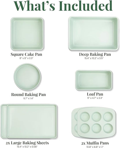 Larder & Vine 8-Piece Bakeware Set | Non-Stick Baking Set with Ceramic Finish | PFAS, PFOA, PTFE, and BPA Free Baking Essentials | Baking Sheets, Muffin Tins and Assorted Baking Pans | Sage