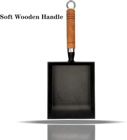 Tamagoyaki Japanese Omelette Pan Cast Iron with Wooden Lid, Square Japanese Egg Pan, Rectangle Tamago Pan with Spatula & Chopsticks 7” x 6” (Black)