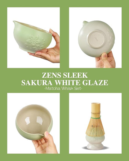 ZENS Matcha Whisk Set, Ceramic Matcha Tea Set with 15oz Sakura Bowl and Bamboo Whisk & Scoop, (Chasen Holder), Stainless Sifter-Tea Towel, 6pcs Matcha Kit for Matcha Lovers, Green