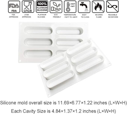 OCPO KITCHEN Eclair Silicone Mold for Baking Mousse Cake, French Dessert, Pastry, Chocolate, Ice Cream, Cake Decoration Mold, 3D Concave Eclair Shape (6-Cavity)