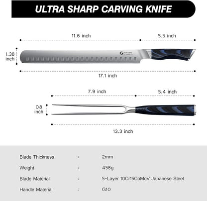 FINTISO BBQ Carving Knife Set, Brisket Slicing Knife and Fork Set, Japanese High Carbon Steel Slicing Knives with G10 Handle, Full Tang Ultra Sharp Meat Cleaver
