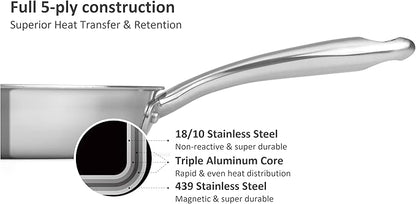 5-Ply Stainless Steel Frying Pan, Full 5-Ply Clad, Brushed, Induction Cooking Pan, Oven Safe, Dishwasher Safe (12'' Stainless Steel Frying Pan)