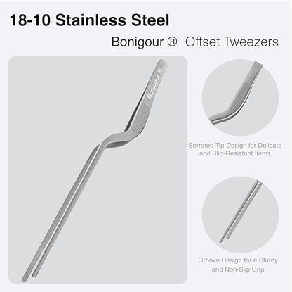 8 Inch Precision Offset Tweezers, Kitchen Culinary Stainless Steel Tongs, Curved Kitchen Cooking Multi-function Chef Precision Tweezer Tongs for Plating, Food Decorating and ect (Silver)
