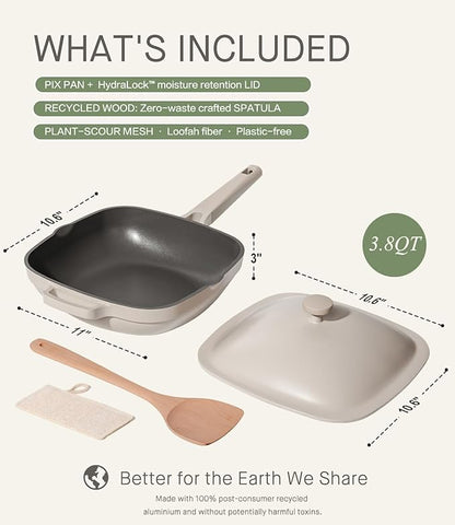 10.5 Inch(3.8QT) Ceramic Pan with Lid,Non Stick Frying Pans Cast Aluminum Deep Sauté Pans,Ti-Ceramic Non Toxic Pix Pan with Wooden Spatula and Scrubber-Morning Mist