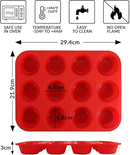 12 Cups Silicone Muffin Pan, Nonstick Cupcake Pan, Heat Resistant Silicone Muffin Tin, Reusable Cupcake Moulds Baking Pan for Cakes, Bread (Red-2 Packs)