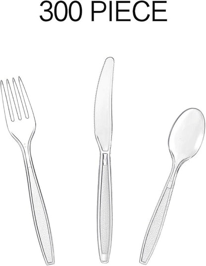 Cutlery Set Plastic Utensils Clear Forks Spoons Knives Disposable Silverware Heavyweight [300 Combo Box] (Formerly FULING)