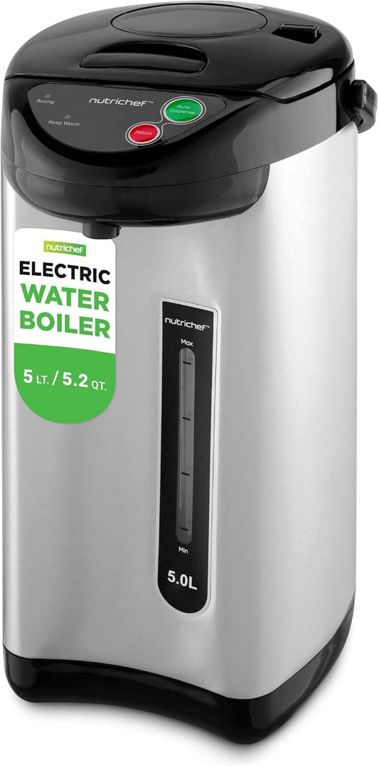 NutriChef 5.2 Qt Electric Water Kettle, Quick Heating, 5 Liter Digital Kettle with 5 Temperature Settings, Safety Lock, Stainless Steel, 3 Dispensing Options, Easy to Clean, 8.46" x 11.2" x 16.5"