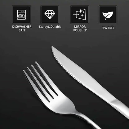 SANTUO 12 Pcs Silverware Set with 6 Steak Knives and 6 Dinner Forks,Flatware Set with Top Food Grade Stainless Steel,Tableware Cutlery Set For Home Restaurant Hotel, Mirror Finish, Dishwasher Safe