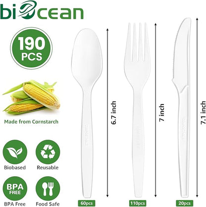 Extra Heavyduty Compostable Cutlery Set - 190 Count Large Disposable Utensils No Plastic Forks Spoons Knives Biodegradable Fork Eco Friendly Silverware for Party,BBQ,Daily Use,Events,Picnic