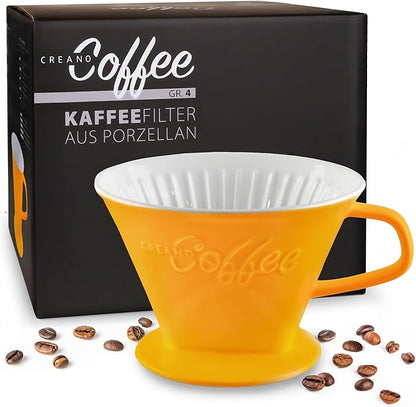 Creano Porcelain Coffee Dripper Saffron Yellow - Ceramic Cone Brewer - Pour Over Coffee Maker for Filter Bags Size 4 - Easy Manual Brew for pure taste - also for Camping, Hiking