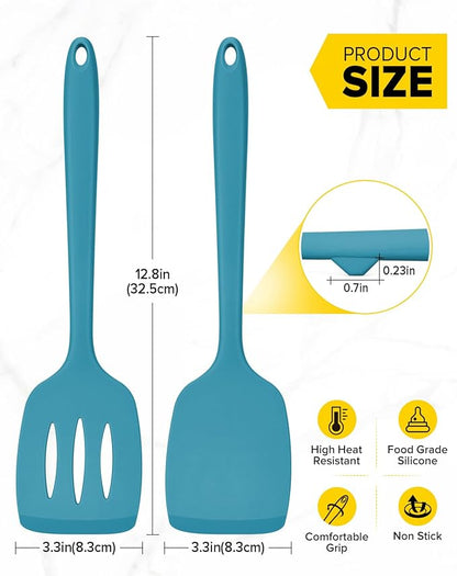 Pack of 2 Silicone Spatula Turners, Non Stick Slotted Kitchen Spatula Set, Heat Resistant BPA Free Kitchen Utensils, One-Piece Design, Suitable for Flipping Fish, Eggs, Steak, Pancakes(BLUE)