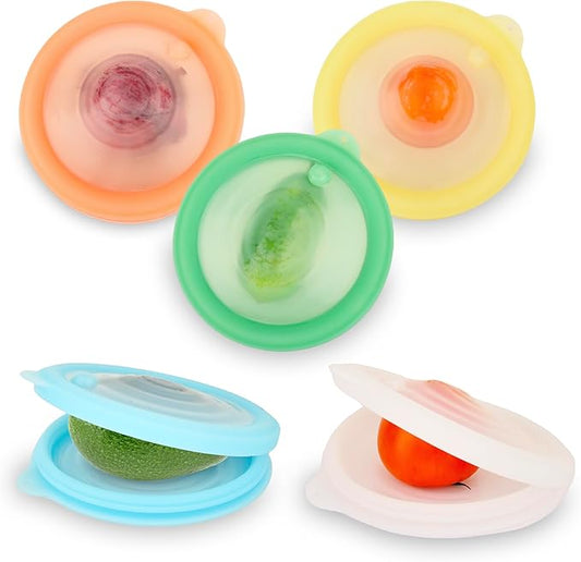 Silicone Reusable Vacuum-Seal Storage Containers for Fridge,Fresh Fruit,Vegetables,Garlic,Onions,Lemons,Potatoes,Meat,for Microwave Oven Heating,Freezer,Dishwasher,Avocado Saver,Tomato Holder,5 Pack
