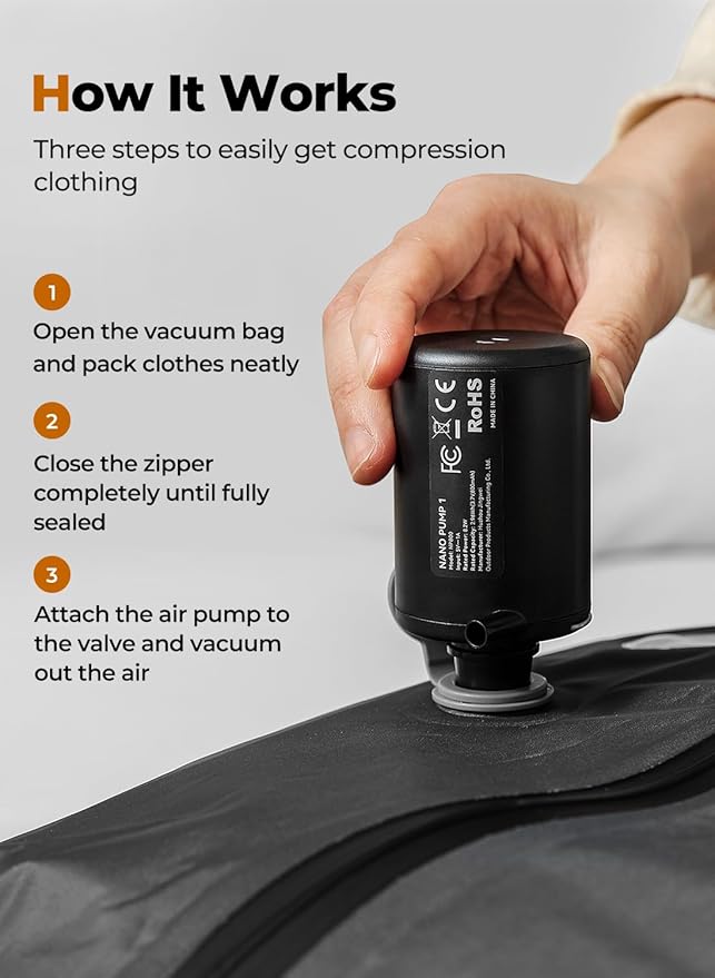Vacuum Bags for Travel with Wireless Pump, IP67 Waterproof, Reusable Space Saver Compression Bags for Backpack, Suitcase, Home Storage(2 Pack + Pump)