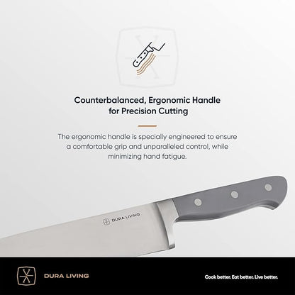 DURA LIVING Premium 4-Piece Steak Knife Set – Sharp Serrated Blades, Forged High Carbon Stainless Steel, Full Tang, Ergonomic Handle, Elegant Gray Finish – Ideal for Dining & Entertaining
